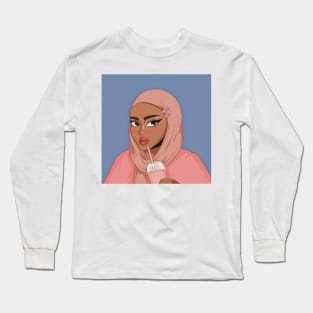 portrait girl pink illustration Long Sleeve T-Shirt